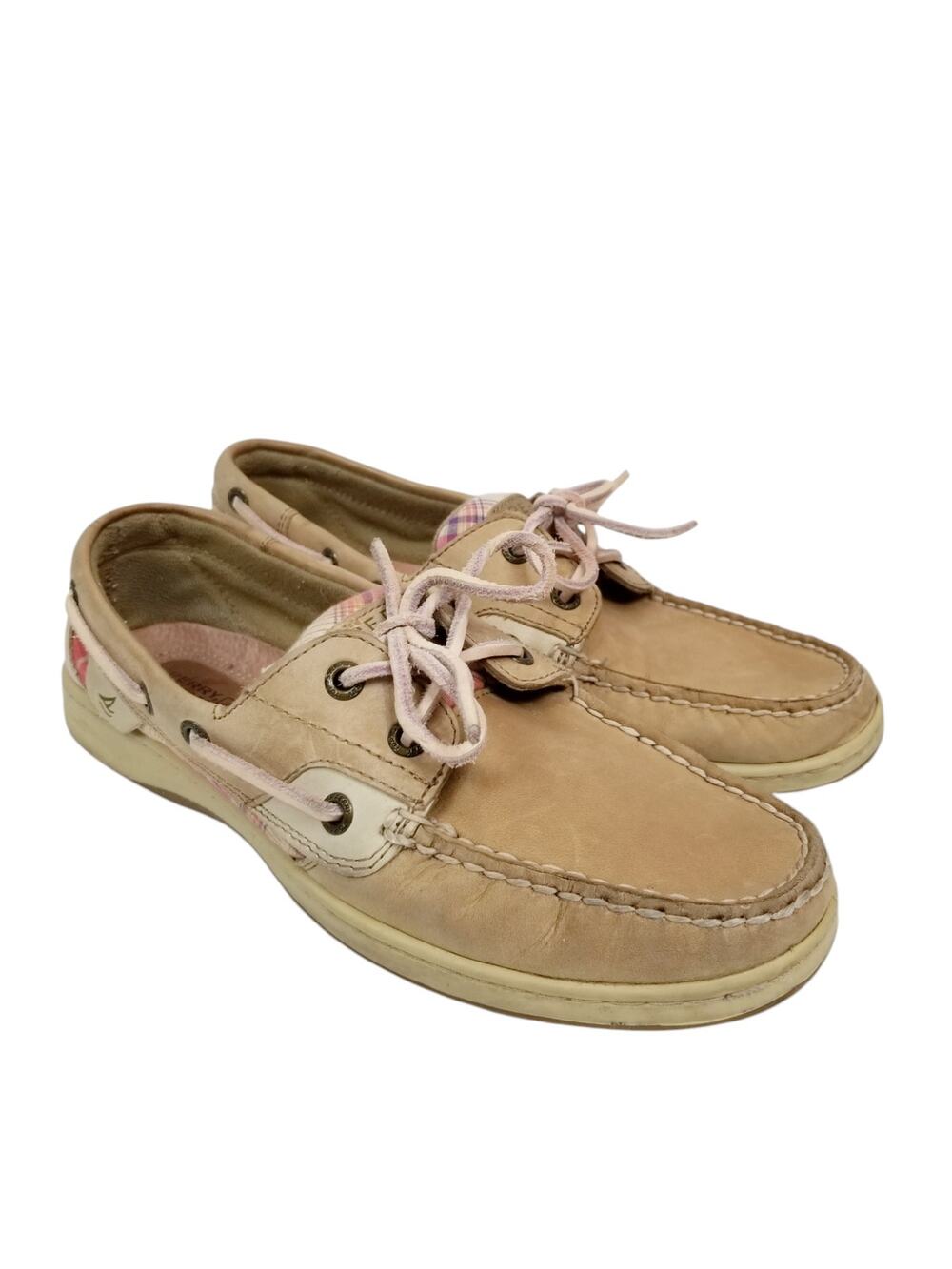 Sperry Top-Sider Pink Plaid Bluefish Boat Shoes Tan Leather Womens Size 8